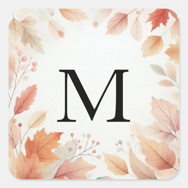 Monogram Fall leaves watercolor pastel colour  Square Sticker (Front)