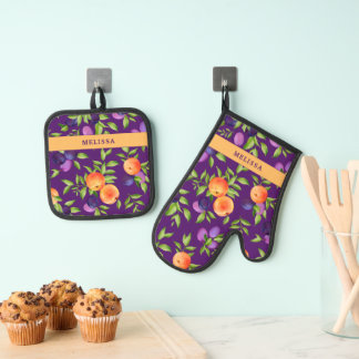 Monogram Fall Peache Plum Purple Green Cute Fruit Oven Mitt & Pot Holder Set