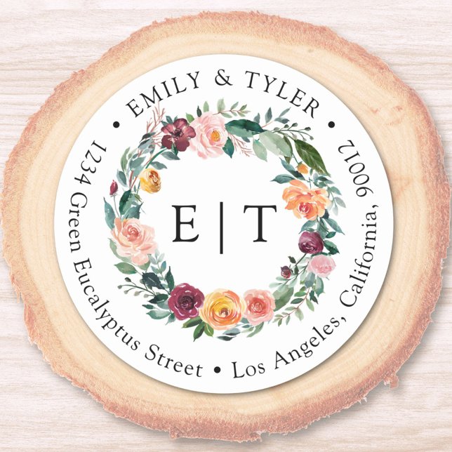 Monogram Fall Rose Wreath Return Address Label (In situ)