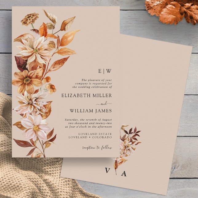 Monogram Fall Wedding Invitation (Monogram Fall Floral Taupe Wedding Invitation by Painted Paperie
)
