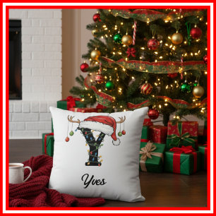 Monogram Family Christmas Antlers Santa Hat  Cushion