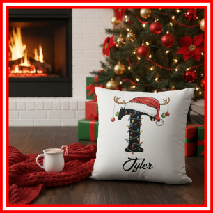 Monogram Family Christmas Antlers Santa Hat  Cushion