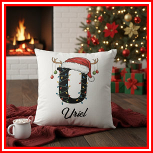 Monogram Family Christmas Antlers Santa Hat  Cushion