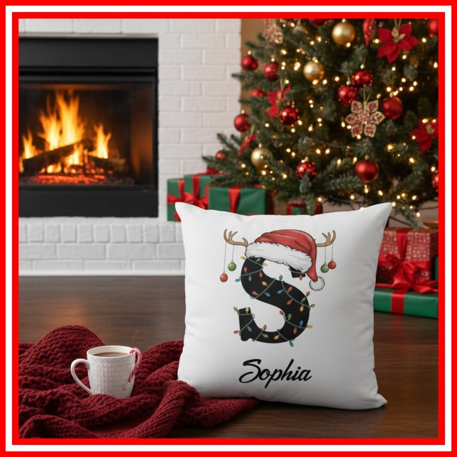 Monogram Family Christmas Antlers Santa Hat  Cushion (Creator Uploaded)