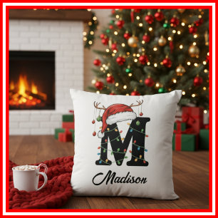 Monogram Family Christmas Antlers Santa Hat  Cushion