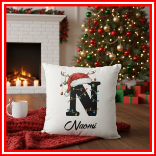 Monogram Family Christmas Antlers Santa Hat Cushion