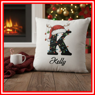 Monogram Family Christmas Antlers Santa Hat Cushion
