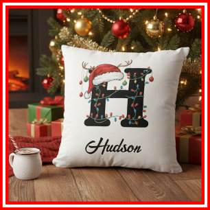 Monogram Family Christmas Antlers Santa Hat  Cushion