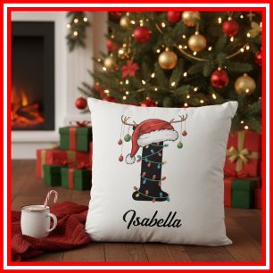 Monogram Family Christmas Antlers Santa Hat  Cushion