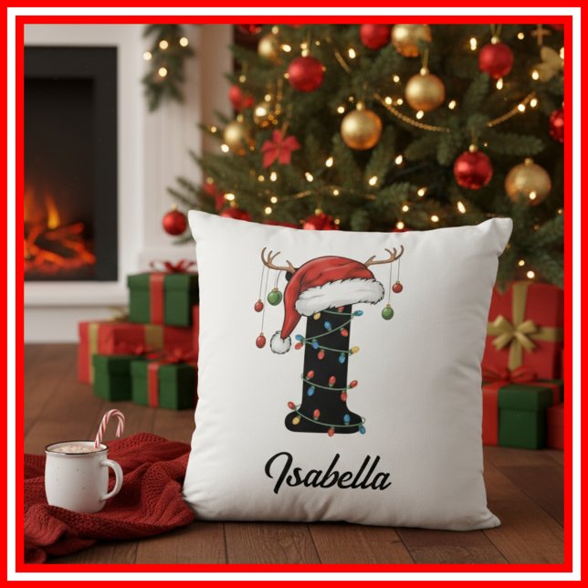 Monogram Family Christmas Antlers Santa Hat  Cushion (Creator Uploaded)