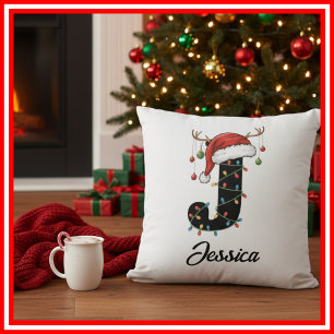 Monogram Family Christmas Antlers Santa Hat  Cushion