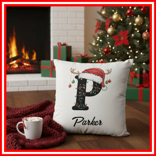 Monogram Family Christmas Antlers Santa Hat  Cushion