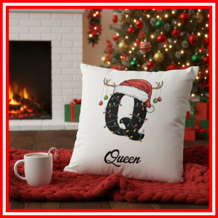 Monogram Family Christmas Antlers Santa Hat  Cushion