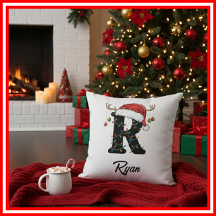 Monogram Family Christmas Antlers Santa Hat Cushion