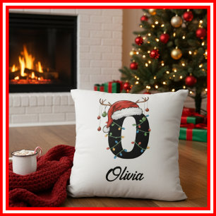 Monogram Family Christmas Antlers Santa Hat  Cushion