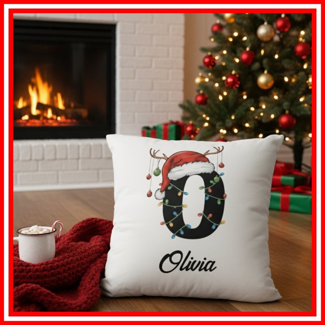 Monogram Family Christmas Antlers Santa Hat  Cushion (Creator Uploaded)