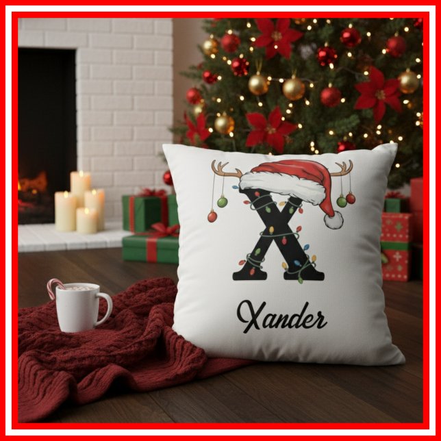 Monogram Family Christmas Antlers Santa Hat  Cushion (Creator Uploaded)