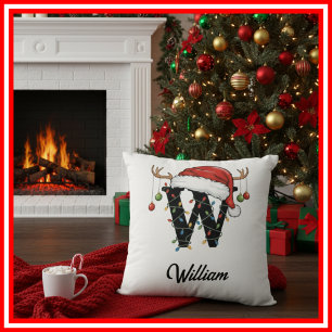 Monogram Family Christmas Antlers Santa Hat  Cushion
