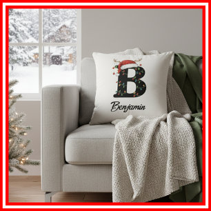 Monogram Family Christmas Antlers Santa Hat  Cushion