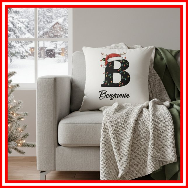 Monogram Family Christmas Antlers Santa Hat  Cushion (Creator Uploaded)