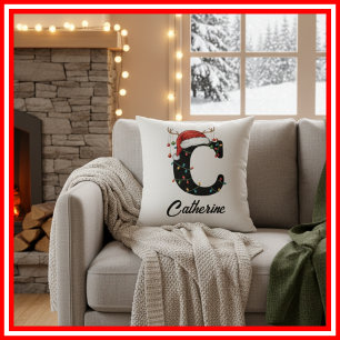 Monogram Family Christmas Antlers Santa Hat  Cushion