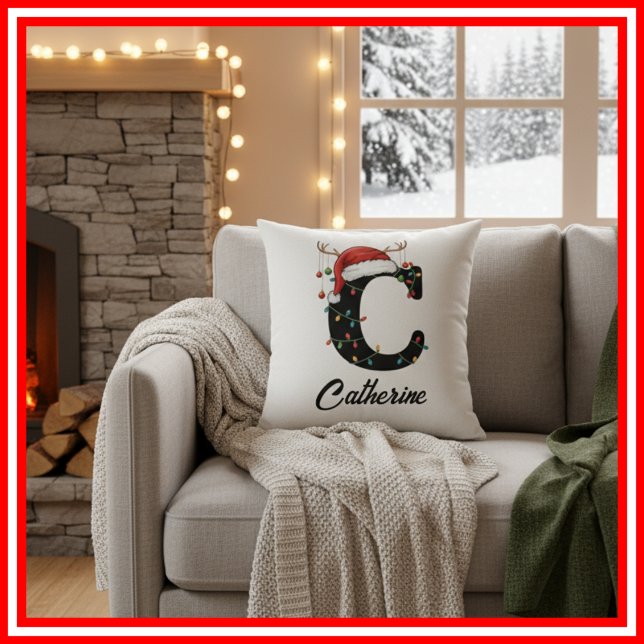 Monogram Family Christmas Antlers Santa Hat  Cushion (Creator Uploaded)