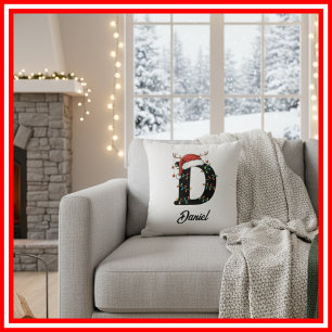 Monogram Family Christmas Antlers Santa Hat Cushion