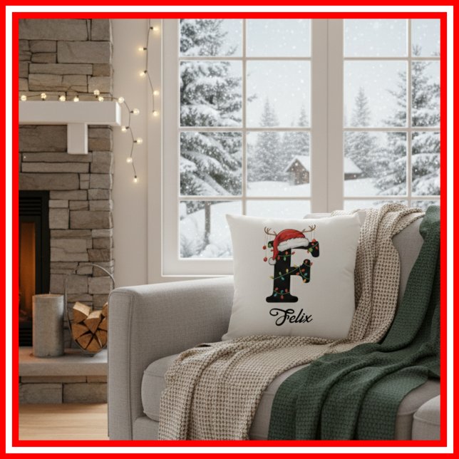 Monogram Family Christmas Antlers Santa Hat  Cushion (Creator Uploaded)