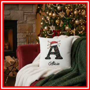 Monogram Family Christmas Antlers Santa Hat  Cushion