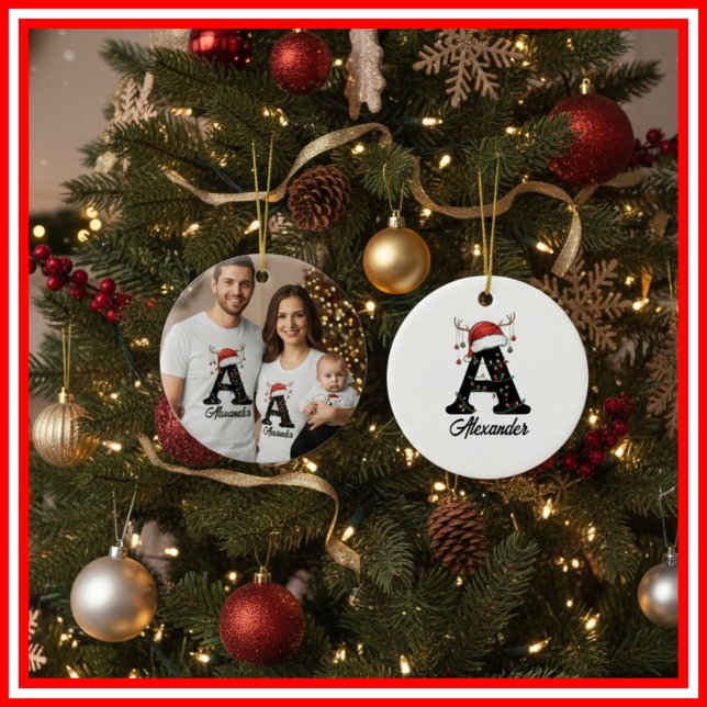 Monogram Family Christmas Antlers Santa Hat PHOTO Ceramic Tree Decoration (Creator Uploaded)