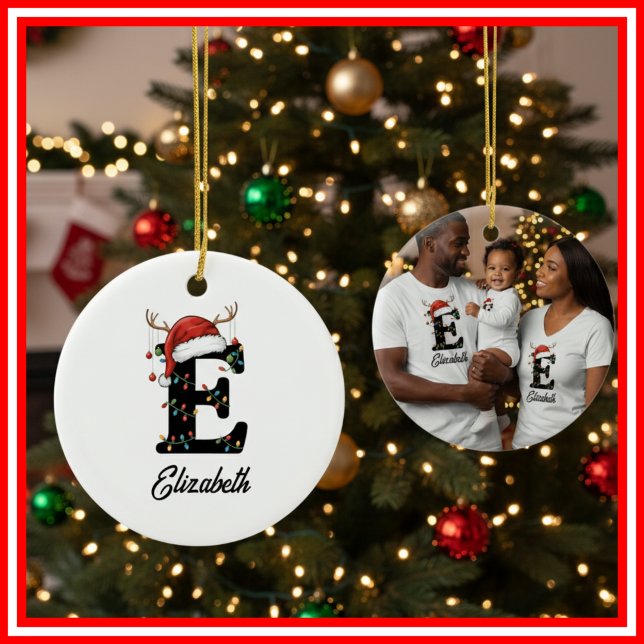 Monogram Family Christmas Antlers Santa Hat PHOTO Ceramic Tree Decoration (Creator Uploaded)