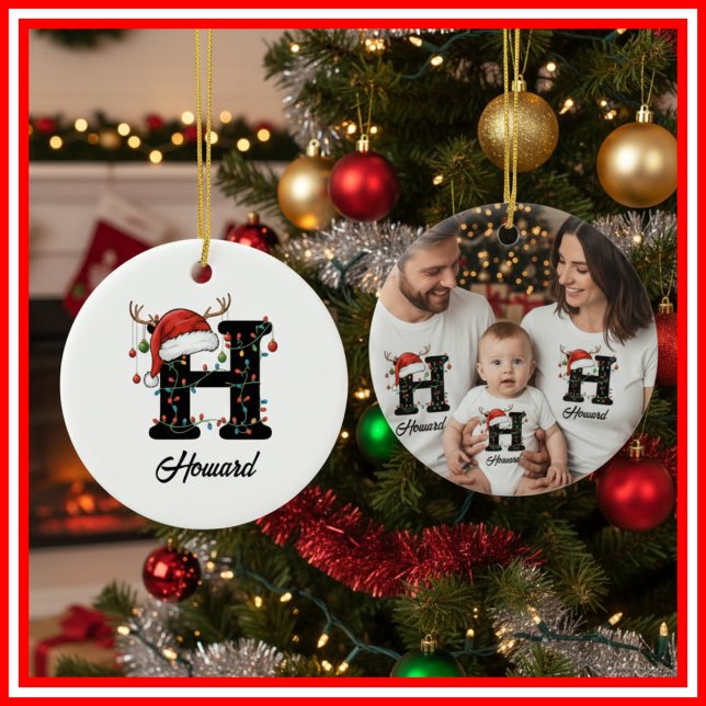 Monogram Family Christmas Antlers Santa Hat PHOTO Ceramic Tree Decoration (Creator Uploaded)