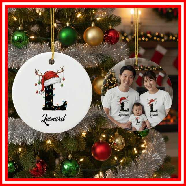Monogram Family Christmas Antlers Santa Hat PHOTO Ceramic Tree Decoration (Creator Uploaded)