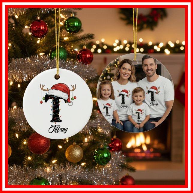 Monogram Family Christmas Antlers Santa Hat PHOTO Ceramic Tree Decoration (Creator Uploaded)