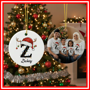 Monogram Family Christmas Antlers Santa Hat PHOTO Ceramic Tree Decoration
