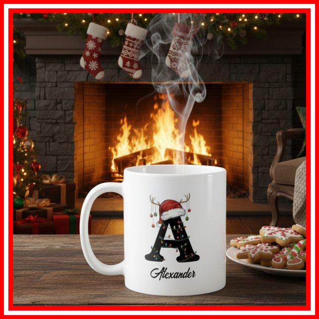 Monogram Family Christmas Antlers Santa Hat PHOTO Coffee Mug (Creator Uploaded)