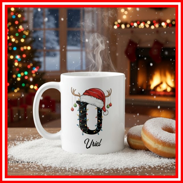 Monogram Family Christmas Antlers Santa Hat PHOTO Coffee Mug (Creator Uploaded)