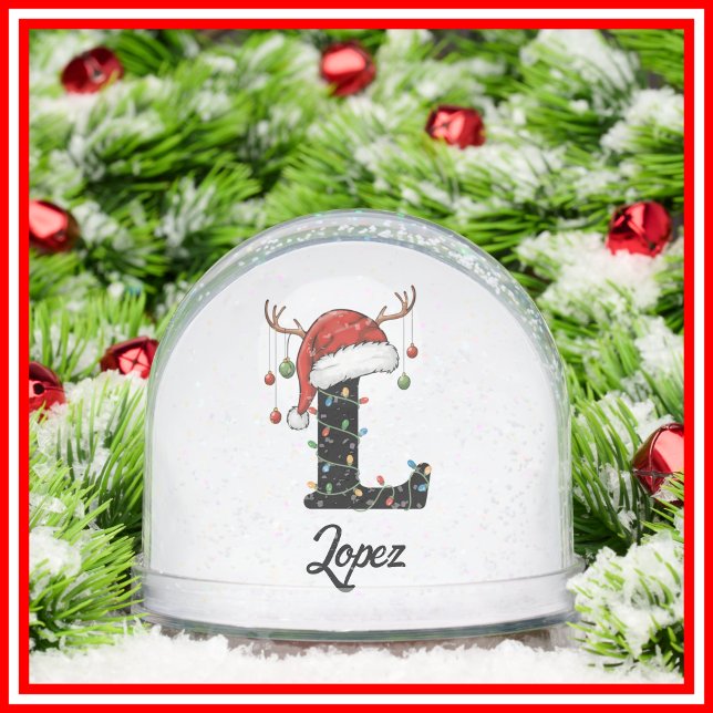 Monogram Family Christmas Antlers Santa Hat PHOTO Snowglobe (Creator Uploaded)