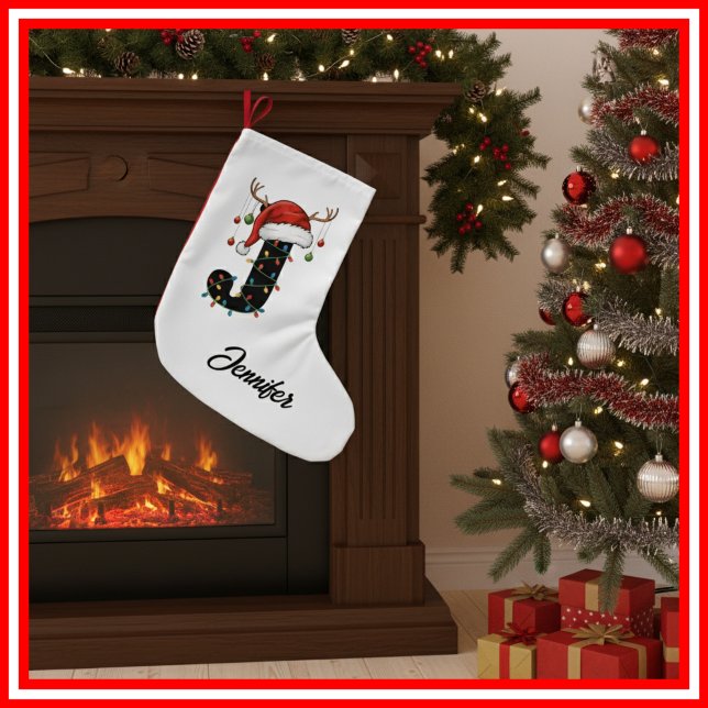 Monogram Family Christmas Antlers Santa Hat Small Christmas Stocking (Creator Uploaded)