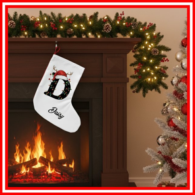 Monogram Family Christmas Antlers Santa Hat Small Christmas Stocking (Creator Uploaded)