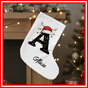 Monogram Family Christmas Antlers Santa Hat  Small Christmas Stocking