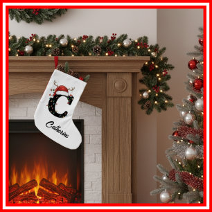 Monogram Family Christmas Antlers Santa Hat Small Christmas Stocking
