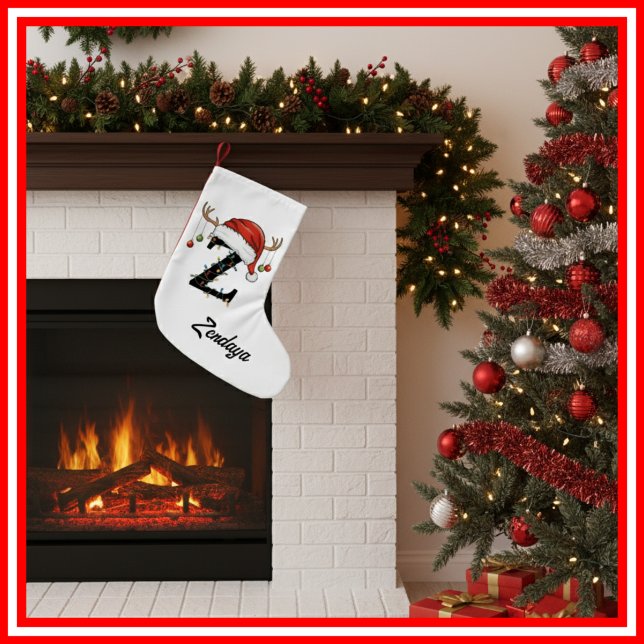 Monogram Family Christmas Antlers Santa Hat Small Small Christmas Stocking (Creator Uploaded)