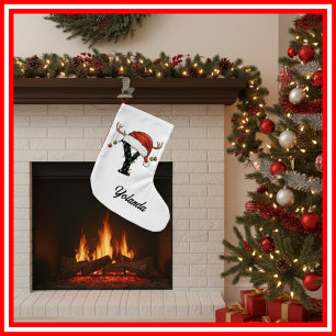 Monogram Family Christmas Antlers Santa Hat Small Small Christmas Stocking