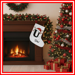 Monogram Family Christmas Antlers Santa Hat Small Small Christmas Stocking
