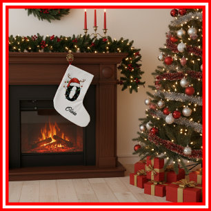 Monogram Family Christmas Antlers Santa Hat Small Small Christmas Stocking