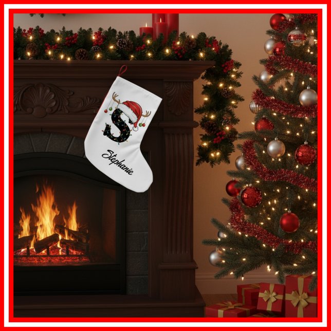 Monogram Family Christmas Antlers Santa Hat Small Small Christmas Stocking (Creator Uploaded)