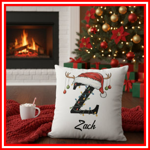 Monogram Family Christmas Antlers Santa Hat  Throw Cushion