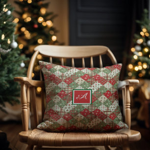 Monogram family Christmas patchwork Green Red Cushion