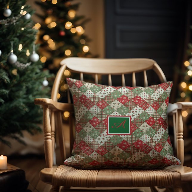 Monogram family Christmas patchwork Green Red  Cushion (Creator Uploaded)